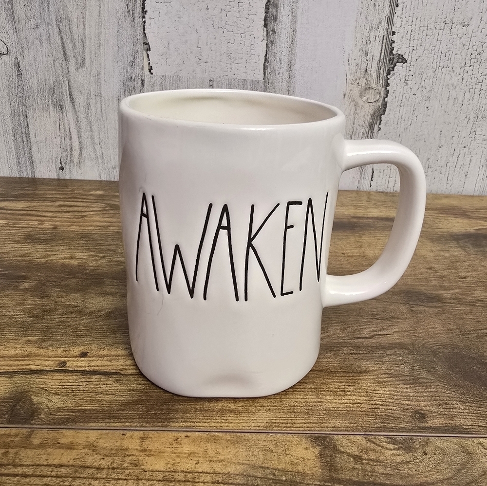 Rae Dunn White Ceramic Mug with 'AWAKEN' Text